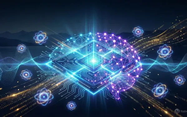 Ibm Research Quantum Computing Processor Merging With Artificial Intelligence Neural Networks, Featuring Glowing Qubits, Blue Circuit Patterns, And Data Streams Representing The Fusion Of Quantum And Ai Technologies