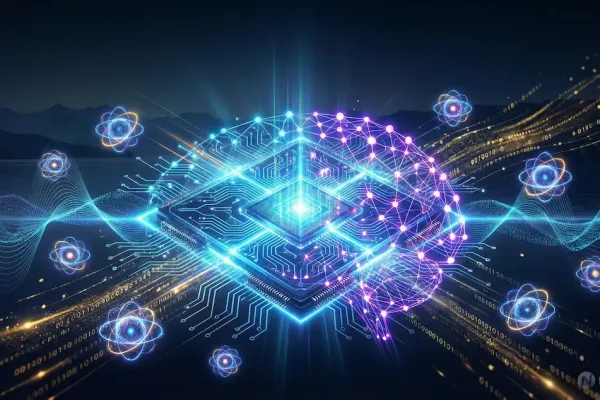 Ibm Research Quantum Computing Processor Merging With Artificial Intelligence Neural Networks, Featuring Glowing Qubits, Blue Circuit Patterns, And Data Streams Representing The Fusion Of Quantum And Ai Technologies