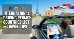 International Driving Permit Countries List and Travel Tips 1 A traveler in a convertible holds a map and international driving permits booklet while driving on a road featuring global landmarks like the Eiffel Tower and Taj Mahal under various national flags.