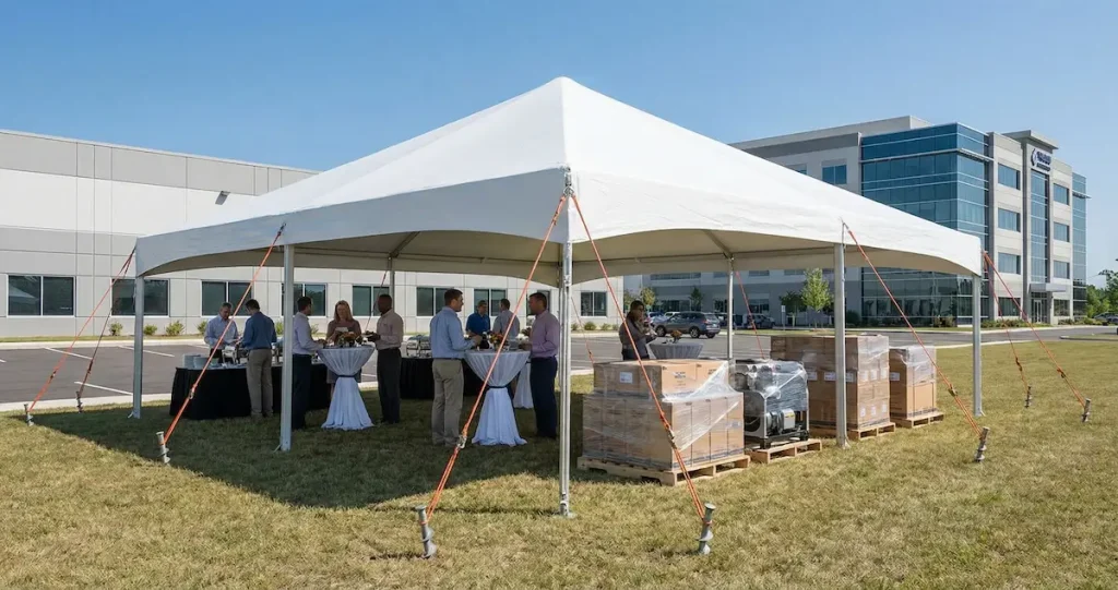 Utilizing Large Temporary Shelters for Operational and Event Needs Introduction: The Need for Flexible, Covered Outdoor Space 3 A large, sturdy white temporary shelter erected on a corporate campus. On one side, employees socialize at decorated tables for an event, while on the other, pallets of equipment are stored under cover. The tent is securely anchored with ground stakes and guy ropes, demonstrating safe setup for versatile operational and social use.