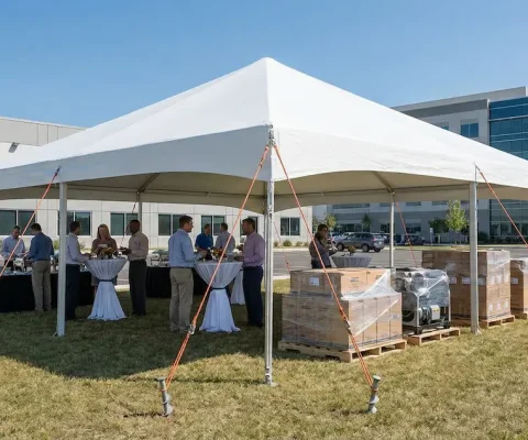 A Large, Sturdy White Temporary Shelter Erected On A Corporate Campus. On One Side, Employees Socialize At Decorated Tables For An Event, While On The Other, Pallets Of Equipment Are Stored Under Cover. The Tent Is Securely Anchored With Ground Stakes And Guy Ropes, Demonstrating Safe Setup For Versatile Operational And Social Use.