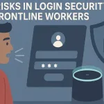 Illustration Of A Person Speaking To A Smart Device With Security Shields And Locks, Highlighting Hidden Risks In Login Security For Frontline Workers.