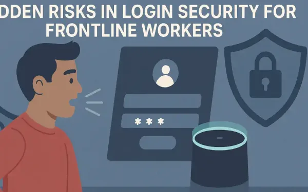 Illustration Of A Person Speaking To A Smart Device With Security Shields And Locks, Highlighting Hidden Risks In Login Security For Frontline Workers.
