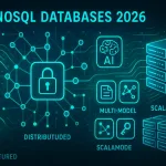 Futuristic Illustration Of Nosql Database Advancements In 2026, Showcasing Scalability, Ai Integration, Security, And Multi-Model Features In A Connected Digital Ecosystem.