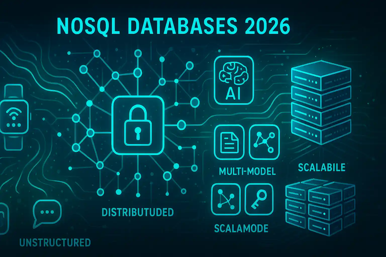 Futuristic illustration of NoSQL database advancements in 2026, showcasing scalability, AI integration, security, and multi-model features in a connected digital ecosystem.