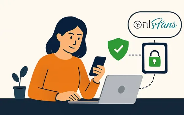 Illustration Of Woman Using Laptop And Phone For Secure Onlyfans Management With Mobile Proxies