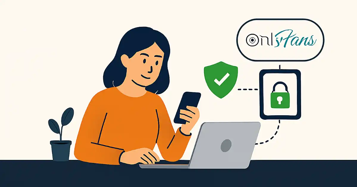Illustration of woman using laptop and phone for secure OnlyFans management with mobile proxies