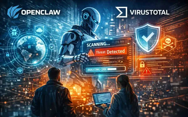 Futuristic Illustration Showing A Robotic Figure Scanning Ai Code For Threats, With Openclaw And Virustotal Logos, Holographic Cybersecurity Icons, And Two It Professionals Observing The Process.