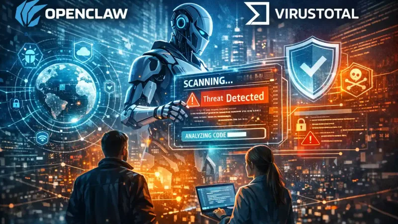 Futuristic Illustration Showing A Robotic Figure Scanning Ai Code For Threats, With Openclaw And Virustotal Logos, Holographic Cybersecurity Icons, And Two It Professionals Observing The Process.