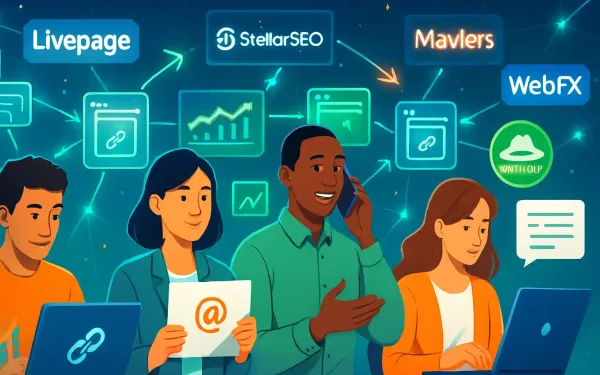 Illustration Of Outreach Link-Building Network With Professionals Connecting Websites Via Backlinks And Company Icons.