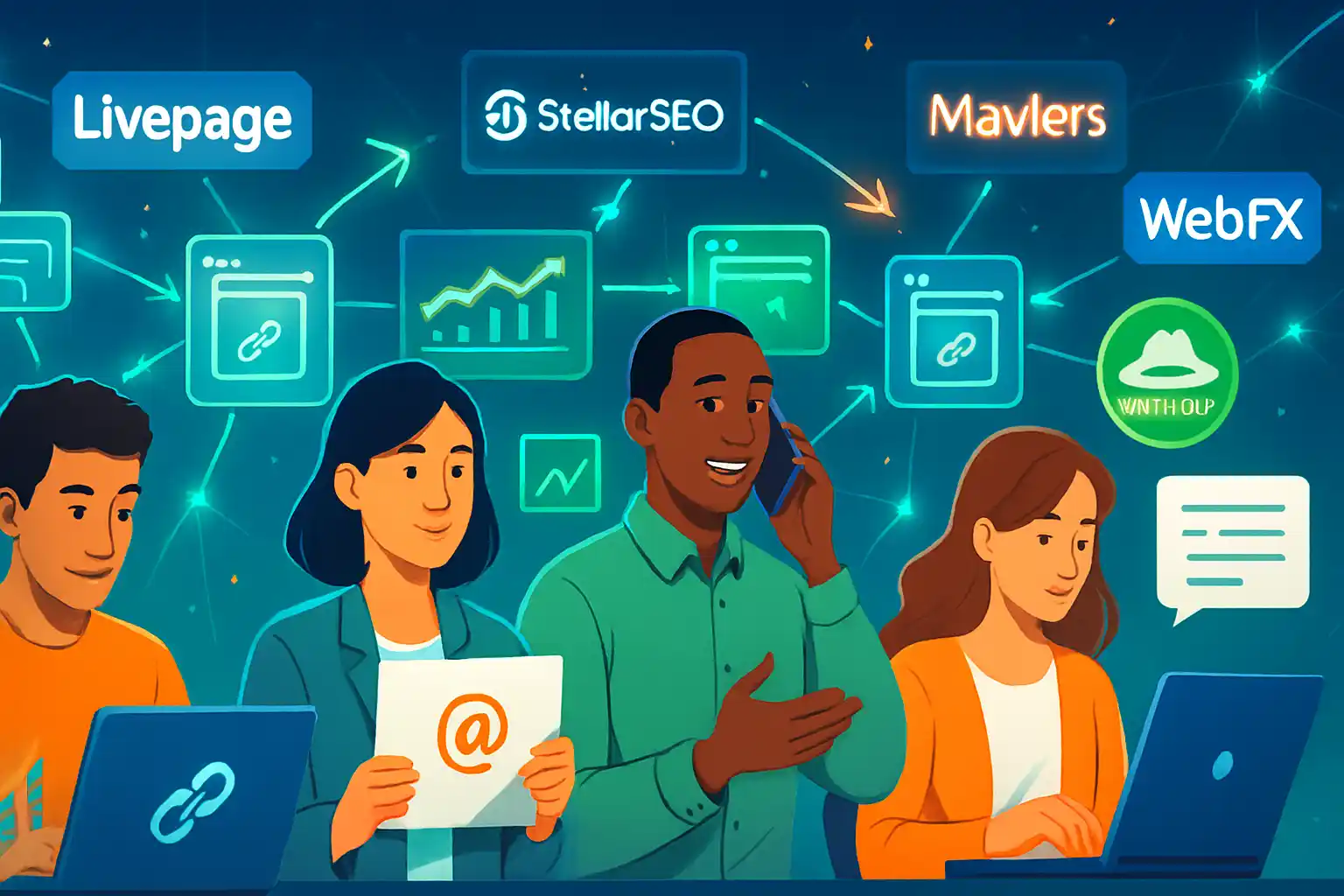 Illustration of outreach link-building network with professionals connecting websites via backlinks and company icons.