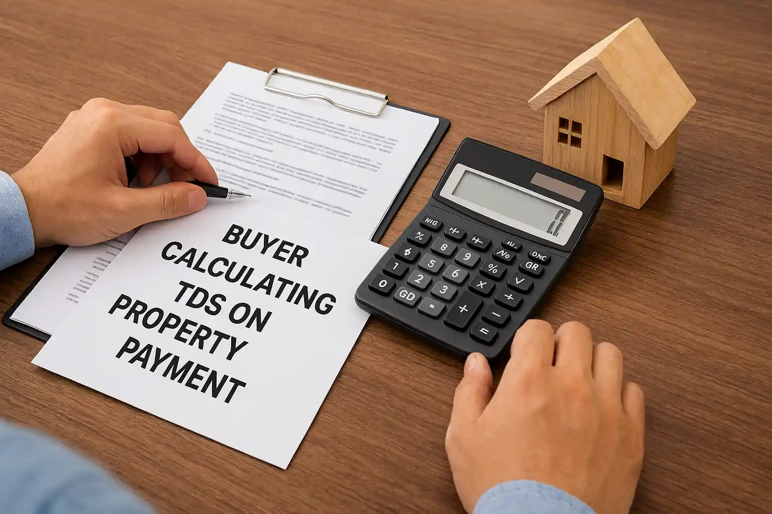 Buyer calculating TDS on property payment with documents and calculator