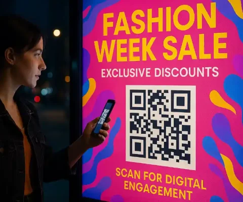 Woman Scanning Qr Code On Vibrant Fashion Week Sale Billboard At Night For Exclusive Discounts And Digital Engagement.