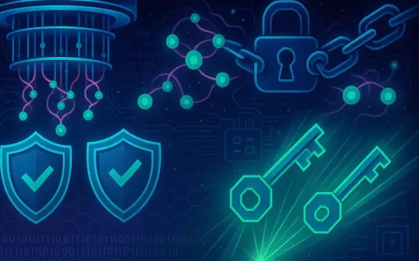 Futuristic Illustration Of Quantum Threats And Protective Security Measures With Qubits, Shields, And Cryptographic Elements.