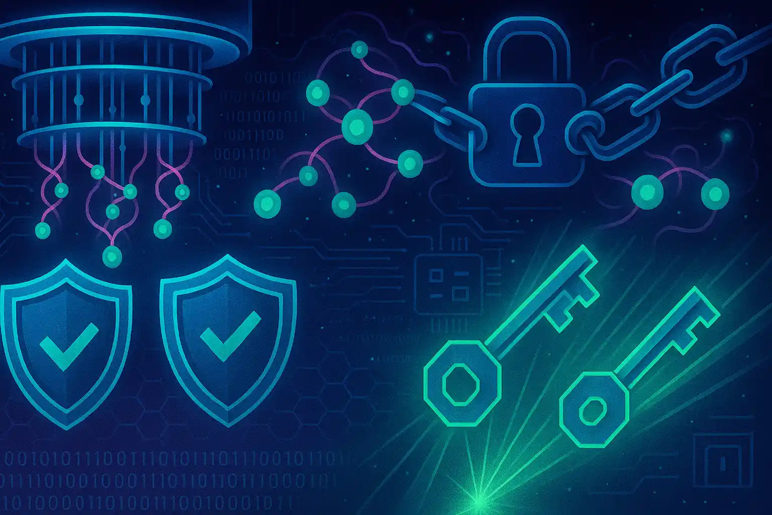 Futuristic illustration of quantum threats and protective security measures with qubits, shields, and cryptographic elements.