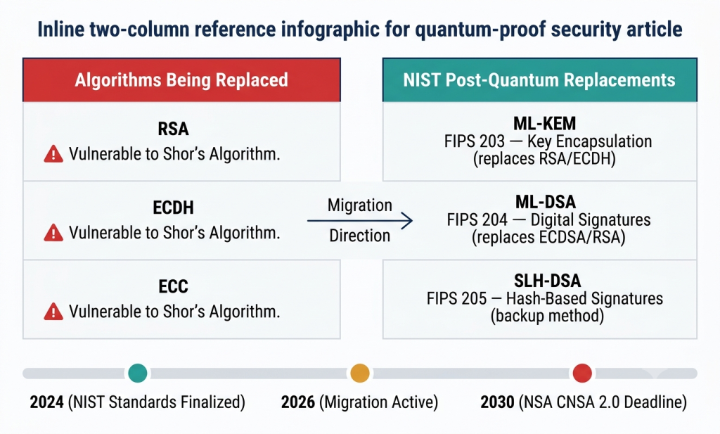 9 Quantum-Proof Security Moves Smart Companies Are Making 2 Two-Column Infographic Showing Rsa, Ecdh, And Ecc Algorithms Being Replaced On The Left, And Their Nist Post-Quantum Replacements Ml-Kem Fips 203, Ml-Dsa Fips 204, And Slh-Dsa Fips 205 On The Right, With A 2024 To 2030 Migration Timeline At The Bottom