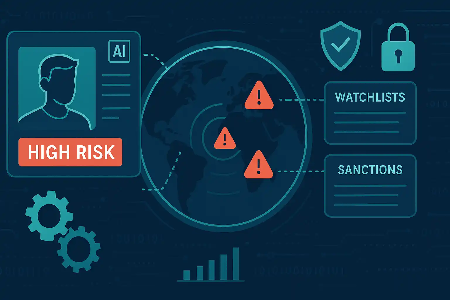 Digital dashboard showing screening software identifying high-risk customers with AI alerts and data scans.