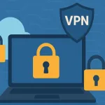 Secure Virtual Office Setup With Laptop, Encryption Locks, Vpn Shields, And Cloud Protection Icons