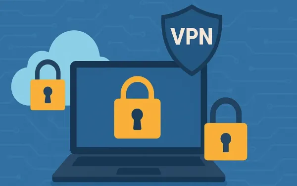 Secure Virtual Office Setup With Laptop, Encryption Locks, Vpn Shields, And Cloud Protection Icons