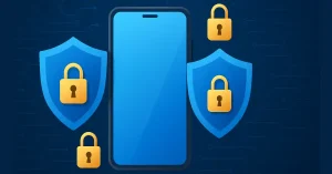 Smartphone protected by cybersecurity shields and locks against mobile threats.