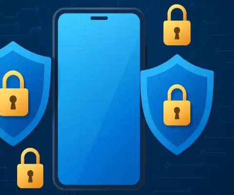Smartphone Protected By Cybersecurity Shields And Locks Against Mobile Threats.