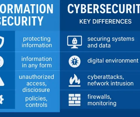 Side-By-Side Comparison Of Information Security Versus Cybersecurity Key Differences, Including Focus, Scope, Threats, And Measures.