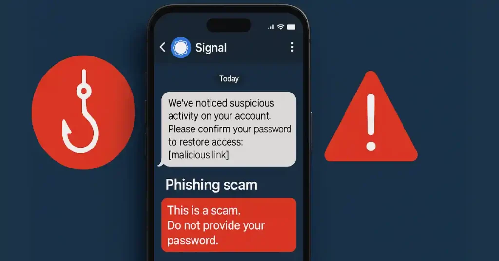 Smartphone Displaying Signal App With Phishing Message And Warning Icons.
