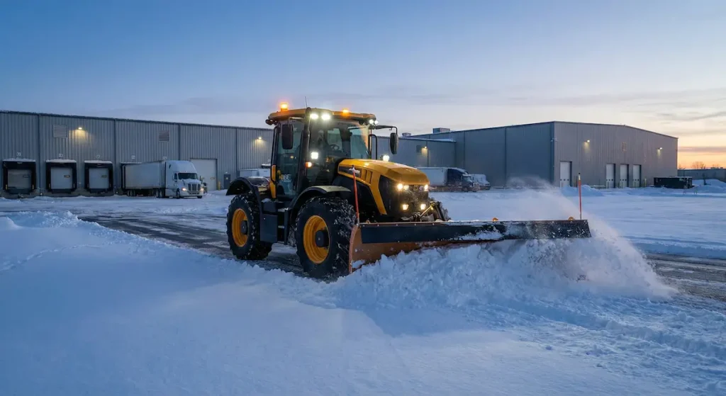 Efficient Snow Removal for Large Areas with Tractor-Mounted Snowplows Introduction: The Challenge of Winter Operations in Industrial and Logistical Settings 2 A large utility tractor with a heavy-duty tractor-mounted snowplow clears deep snow from an industrial parking lot at dawn, demonstrating efficient large-area snow removal for logistics operations.