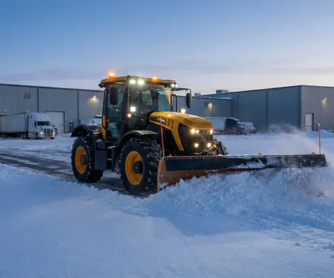 A Large Utility Tractor With A Heavy-Duty Tractor-Mounted Snowplow Clears Deep Snow From An Industrial Parking Lot At Dawn, Demonstrating Efficient Large-Area Snow Removal For Logistics Operations.