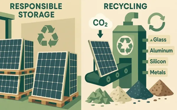 Illustration Of Storing And Recycling Used Solar Panels, From Safe Storage To Material Recovery In A Circular Economy Process.