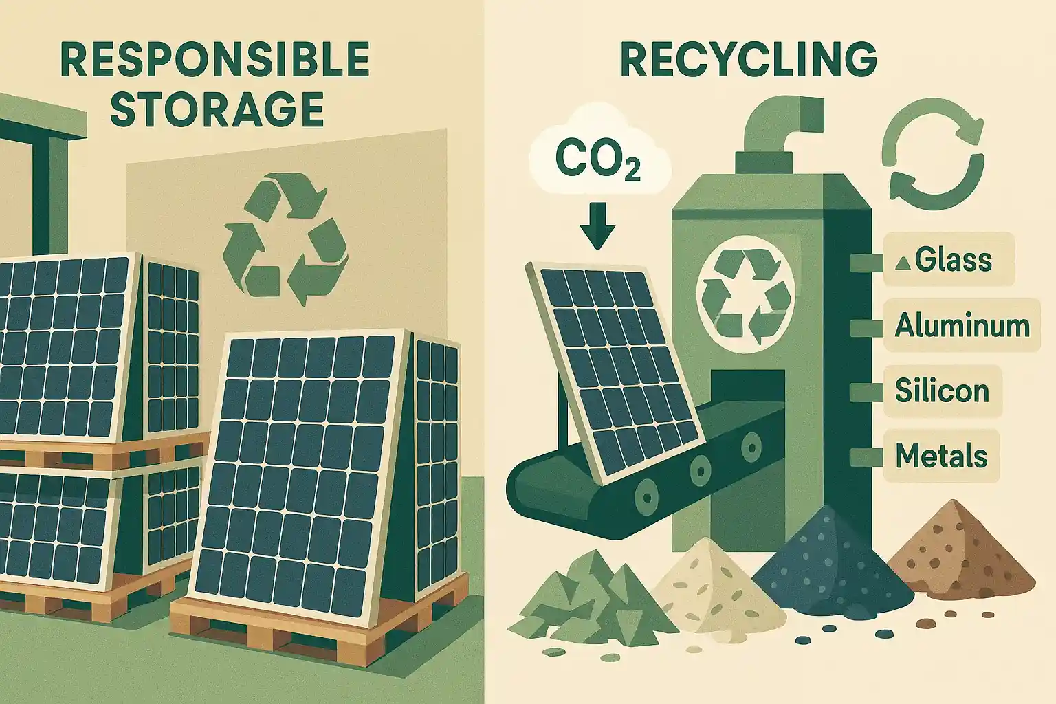Illustration of storing and recycling used solar panels, from safe storage to material recovery in a circular economy process.