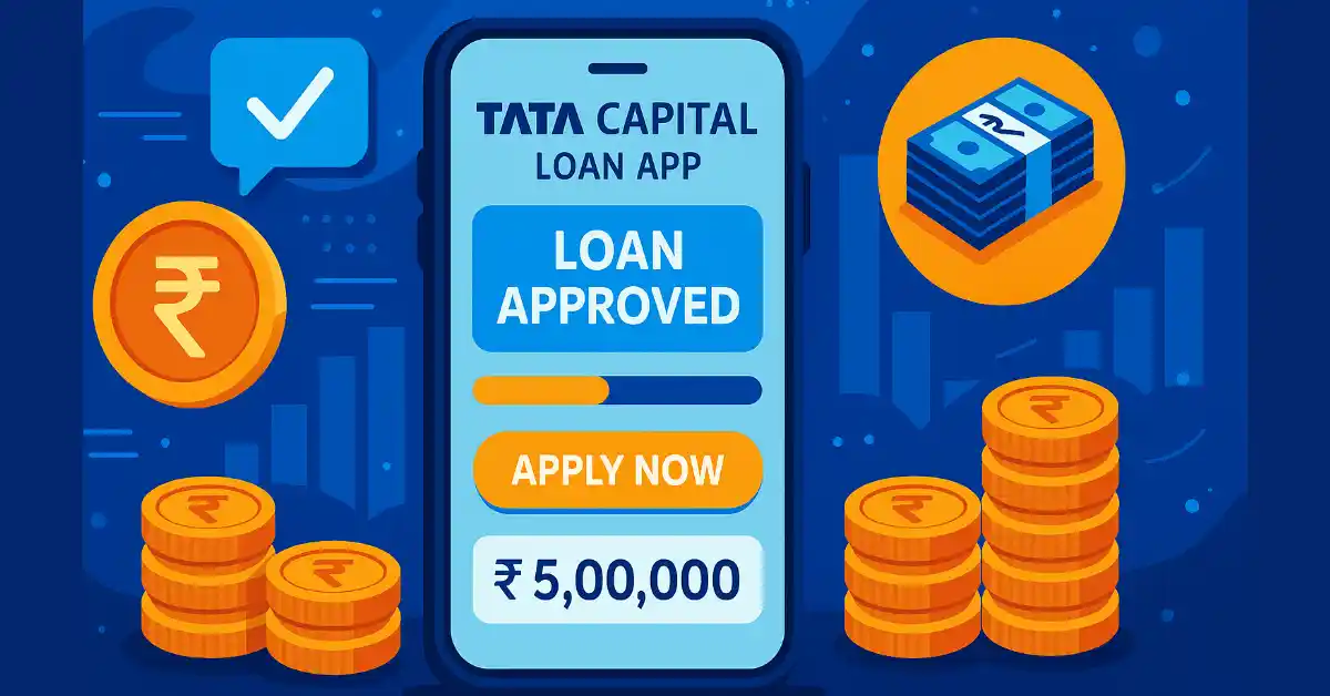 Vibrant illustration of a smartphone displaying the Tata Capital Loan App interface with loan approval graphics, money icons, and digital financial elements in blue and orange tones.
