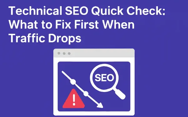 Technical Seo Quick Check Dashboard Showing Traffic Drop Graph, Indexing Errors, And Checklist Icons