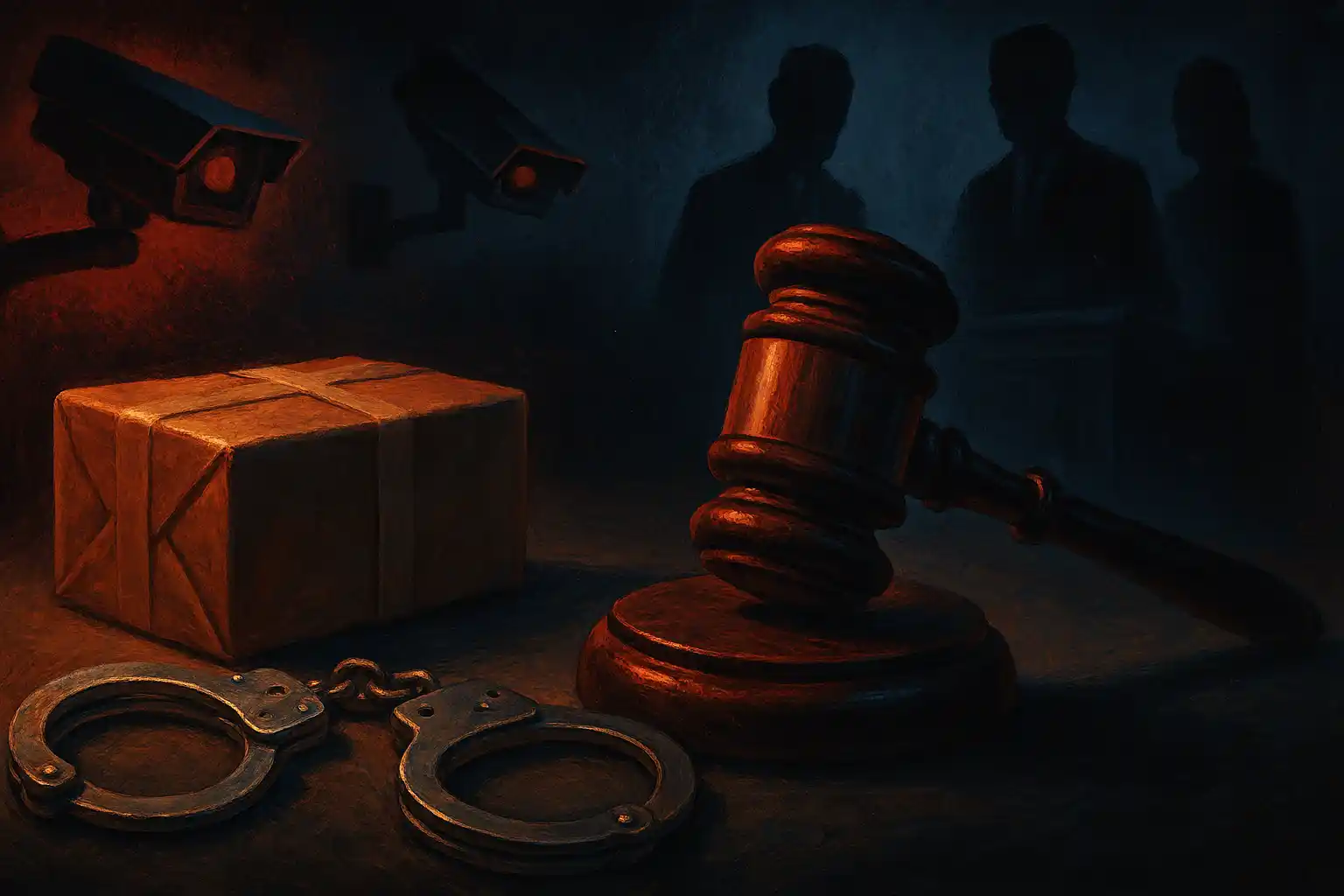 Illustration of a small item escalating into a major theft case with legal elements like handcuffs and a gavel.