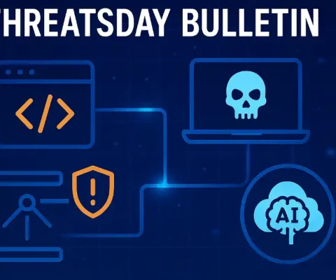 Cybersecurity-themed graphic titled ‘Threatsday Bulletin’ featuring icons for code execution, remote access Trojan, driver exploitation, and AI cloud intrusion on a dark digital background