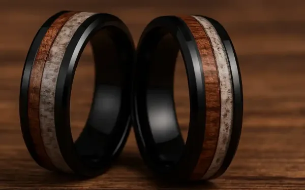 Wo Black Tungsten Rings With Wood And Antler Inlays On Wooden Background
