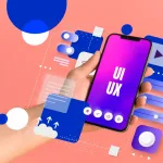 Vibrant Abstract Illustration Of A Smartphone Displaying &Quot;Ui Ux&Quot; Text, Surrounded By Colorful Geometric Shapes, Icons, And Design Elements Representing Digital Interfaces And User Experience.