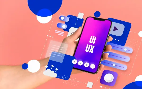 Vibrant Abstract Illustration Of A Smartphone Displaying &Quot;Ui Ux&Quot; Text, Surrounded By Colorful Geometric Shapes, Icons, And Design Elements Representing Digital Interfaces And User Experience.