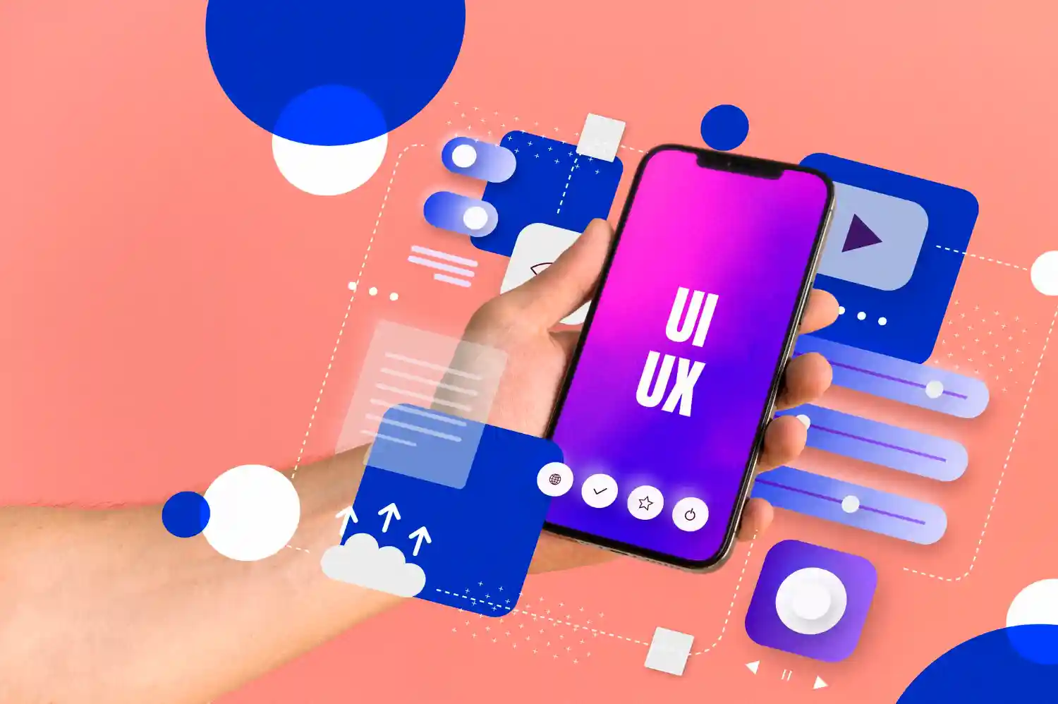 Vibrant abstract illustration of a smartphone displaying "UI UX" text, surrounded by colorful geometric shapes, icons, and design elements representing digital interfaces and user experience.