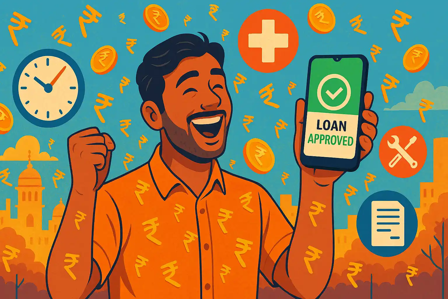 Illustration of fast urgent loan approval on mobile for emergency funds in India