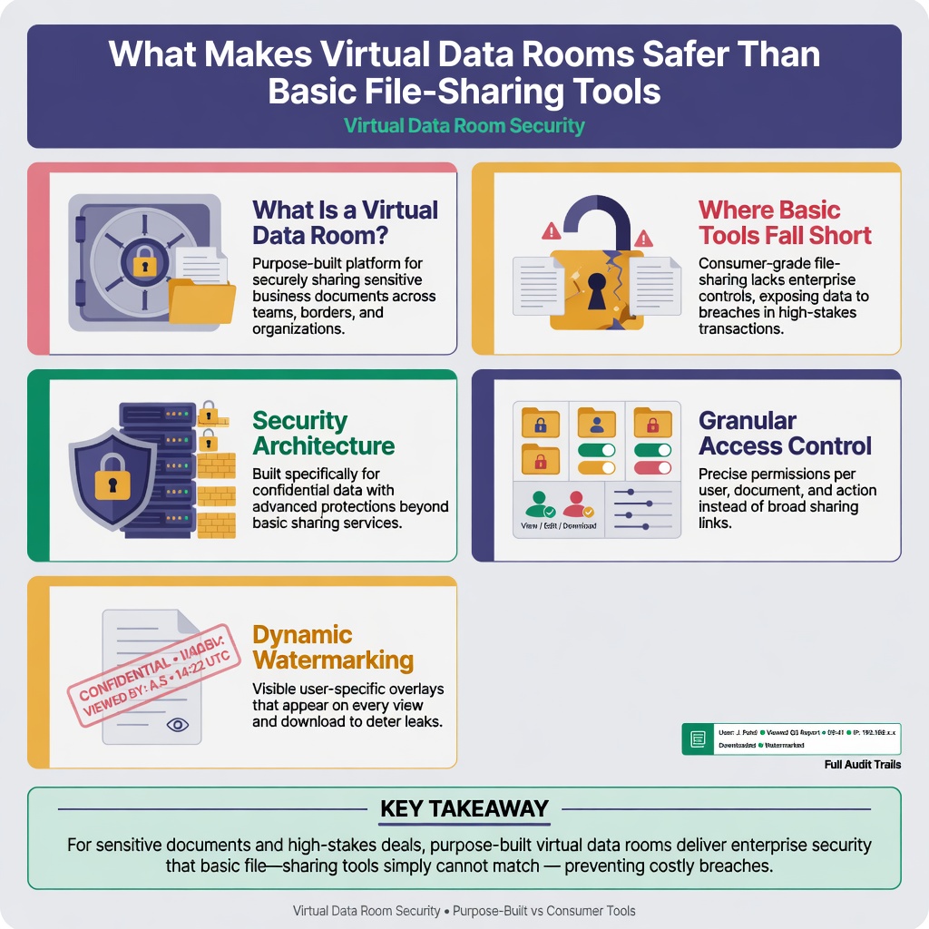 What Makes Virtual Data Rooms Safer Than Basic File-Sharing Tools 2 Virtual Data Room Security Infographic
