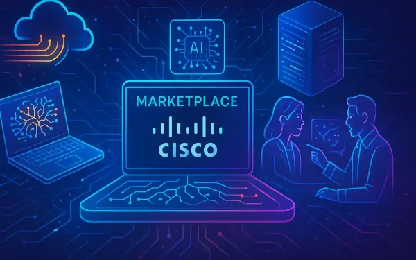 Futuristic Illustration Of Cisco Networking App Marketplace Enabling Ai-Ready Network Devices Through Partner Collaborations.