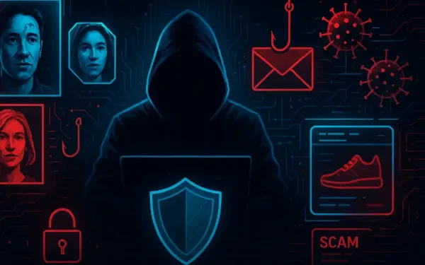 Illustration Of Evolving Cyber Threats Including Deepfakes, Phishing, Malware, And Scams In A Futuristic Digital Landscape.