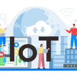 Illustrative Vector Graphic Of Enterprise Iot Concept With People Interacting Around Large &Quot;Hot&Quot; Text (Likely Typo/Emphasis For Iot), Globe, Cloud Computing, City Buildings, Devices, Security Lock, Gears, And Wireless Signals