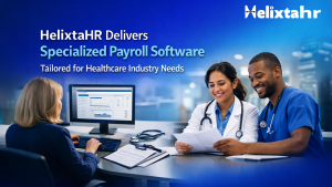 Healthcare professionals reviewing payroll documents using HelixtaHR specialized payroll software designed for healthcare organizations