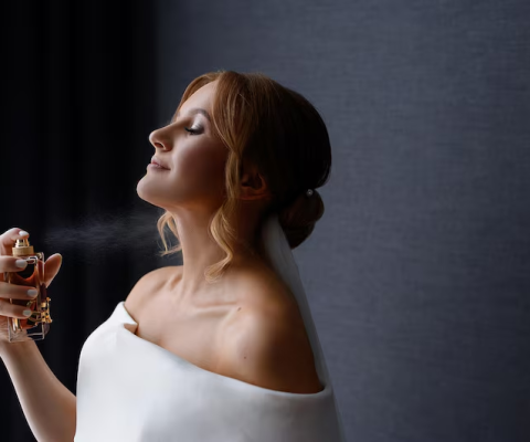 Elegant Bride Spraying Scents While Getting Ready For Her Wedding In A Softly Lit Indoor Setting