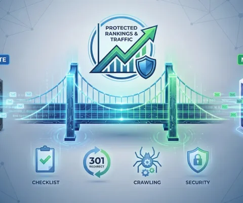 An Illustration Showing How To Migrate A Website Safely: A Secure Bridge Transfers Glowing Data From An Old Server To A New One, With A Rising Graph Symbolizing Protected Seo Rankings And Traffic.