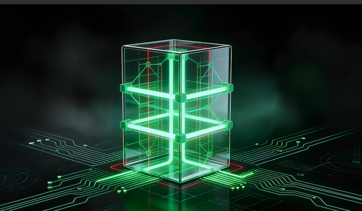 Glowing green 3D cube structure on circuit board illustrating secure pentesting risk assessment and cybersecurity protection