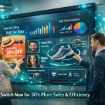 Ai-Driven Interactive Display Showing Real-Time Personalized Content And Analytics In A Modern Retail Store With Engaged Customers Touching The Smart Touchscreen