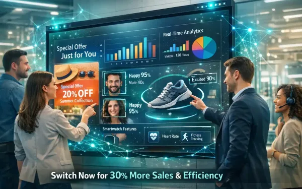 Ai-Driven Interactive Display Showing Real-Time Personalized Content And Analytics In A Modern Retail Store With Engaged Customers Touching The Smart Touchscreen
